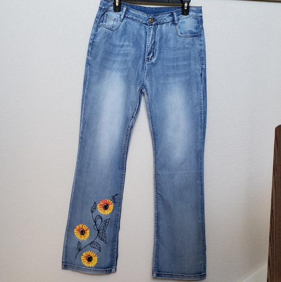 Hippie Chic Boot Cut Jeans With Sunflowers Size L - Picture 8 of 8